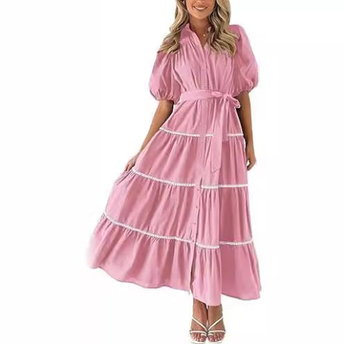 maoxiangshop 2024 Women's Clothing Puff Sleeve Lace Layered Pleated Short-sleeved Shirt Dress