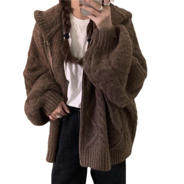 college fall outfits Hooded Horn Buckle Knitted Cardigan Coat Autumn Loose Outer Wear New Design Sense Lazy Style Sweater for Women
