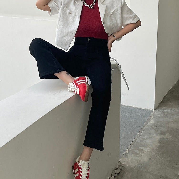 maoxiangshop-shop work outfits women Original Pure Flared Pants Spring New Elegant High Waist Cropped Pants Slim Pants Jeans for Small Girls