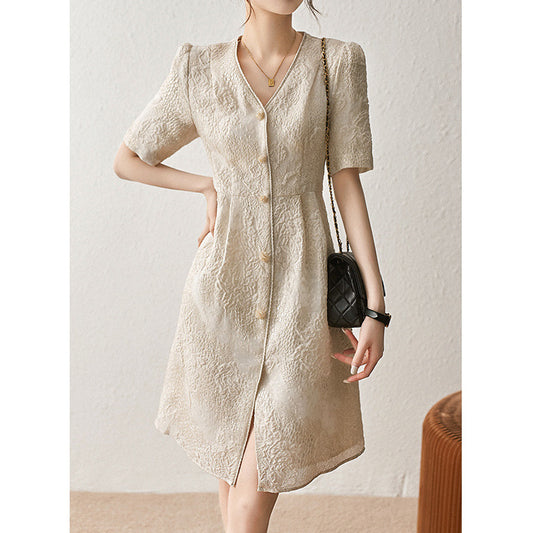 2025 Mulberry silk dress, new Chinese silk skirt  summer new women's clothing waist and thin V-neck bubble sleeves