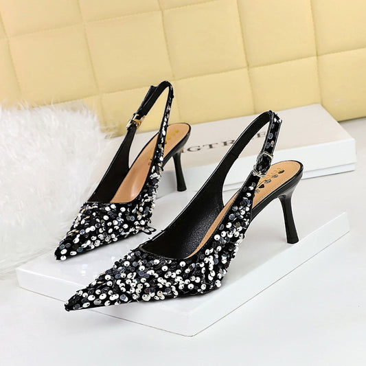 869-A22 2025 style banquet high heels women's shoes rear empty shoes shallow mouth pointed head hollow rear strap sequined single shoes