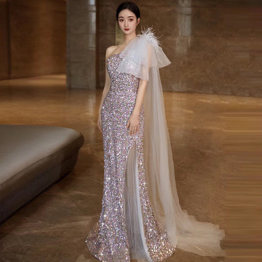 New toasting clothes haute couture light luxury evening dress women New feeling single shoulder fishtail sequins formal settings host skirt