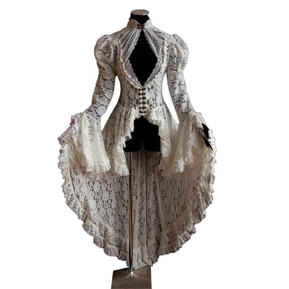 maoxiangshop-shop costume ideas Vintage Lace Stitching Stand Collar Dress Bell Sleeve Slim-Fit See-through Dovetail Skirt for Women