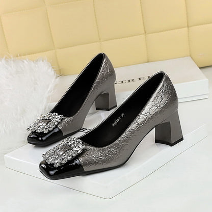 5299-K90 retro style autumn and winter new women's shoes thick heel middle heel square head rhinestone splicing thin single shoes rhinestone buckle