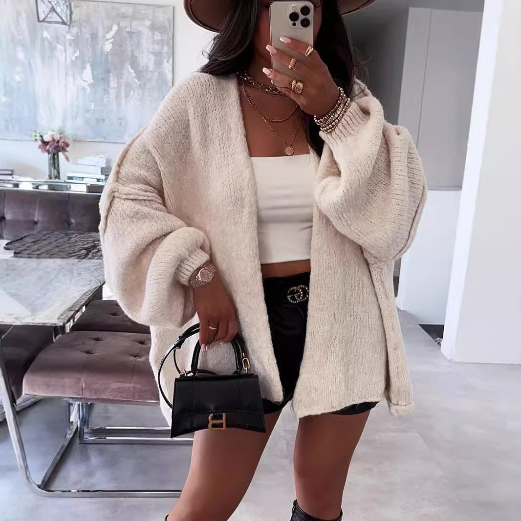 maoxiangshop 2000s fashion 2024 Autumn and Winter New Casual Loose Solid Color Mid-Length Knitted Sweater Cardigan Coat for Women