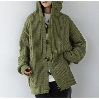 maoxiangshop-shop outfit inspo Retro Green Horn Buckle Twist Sweater Coat for Women Spring and Autumn Loose Lazy Hooded Knitted Cardigan Thickened Upper