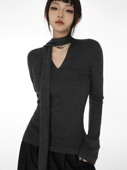 pure desire slim elastic bottom knitted sweater women's spring and summer V-neck Spice Girl slim casual long-sleeved top ins