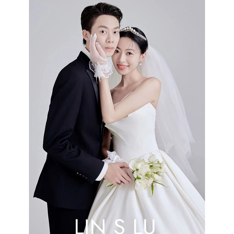 2025main wedding dress  temperament satin bubble sleeves wedding photography theme dress banquet long light wedding dress