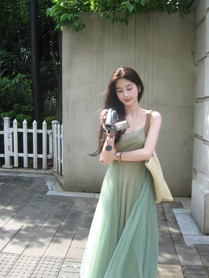 Two-piece art raw green slim-fit suspender dress women's high-end waist fairy banquet dress long dress