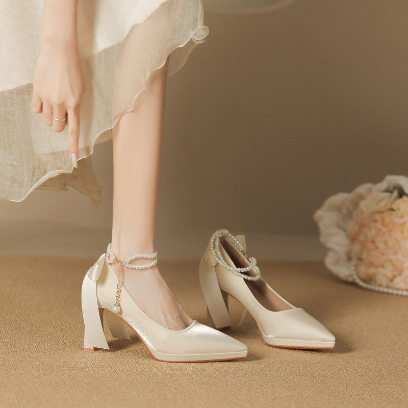2025 8066-7 temperament  suede pointed thick heel high heels women's bow pearl waterproof table high heel single shoes