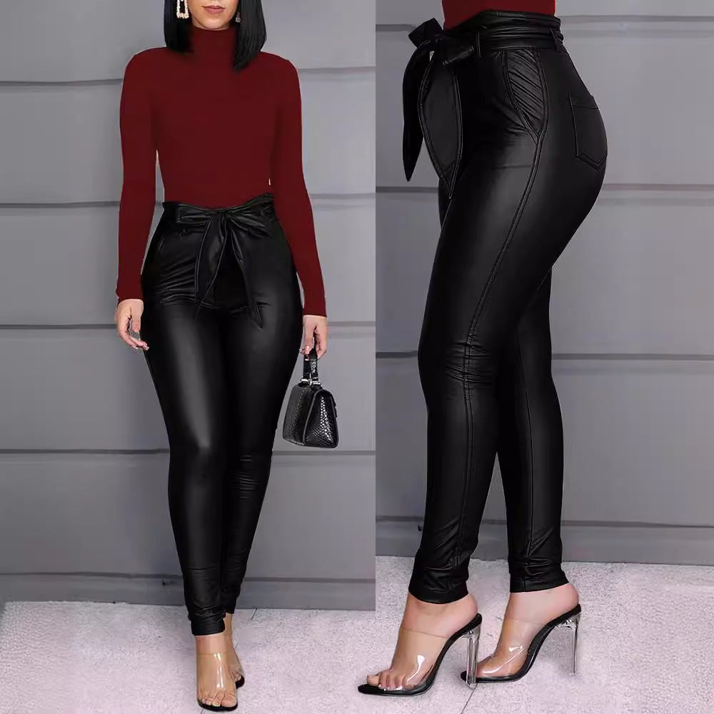 maoxiangshop-shop business casual women outfits chic Women's Fashion Casual Pu Pants Leather Pants (Including Belt)