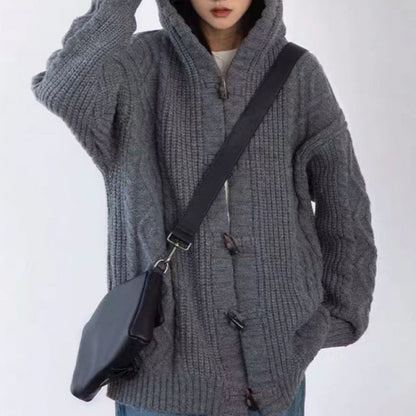 maoxiangshop-shop outfit inspo Retro Green Horn Buckle Twist Sweater Coat for Women Spring and Autumn Loose Lazy Hooded Knitted Cardigan Thickened Upper