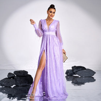 2025 high-end long-sleeved temperament V-neck sexy sequined banquet big swing evening dress bridesmaid dress dress women