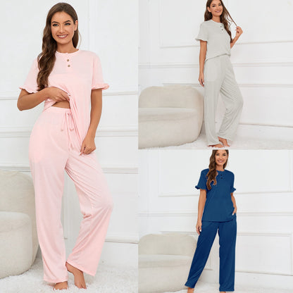 MAOXIANGSHOP 2025Real spot New new solid color V-neck buckle flower sleeve top tether trousers pajamas set loungewear, women