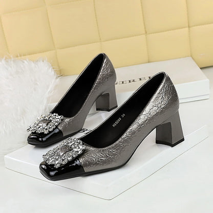 5299-K90 retro style autumn and winter new women's shoes thick heel middle heel square head rhinestone splicing thin single shoes rhinestone buckle