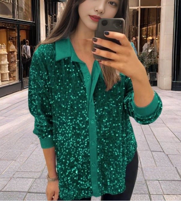 MAOXIANGSHOP 2025 New winter new  independent station 2025 fashion lapel button sequined shirt top women's clothing