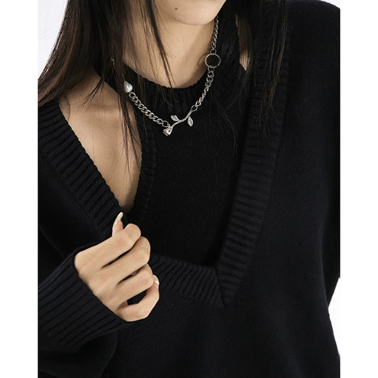 Black Sweater Fashion Set Women's Spring Neck Vest Loose V-Neck Sweater Pure Desire Two-piece Tide Set