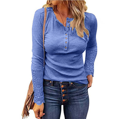 maoxiangshop Women's Clothing Hot Round Neck Splicing Lace Sleeves Loose Solid Color Long-sleeved T-shirt