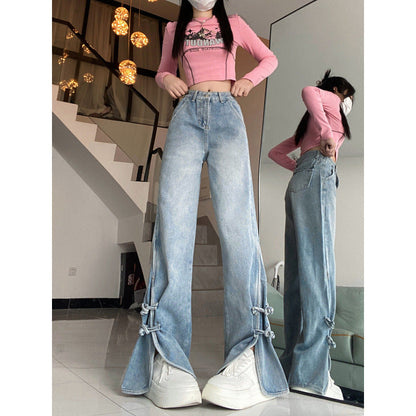 maoxiangshop 2000s fashion Retro High Waist Split Jeans for Women Spring and Autumn Trendy Ins New Slimming Wide Leg Pants
