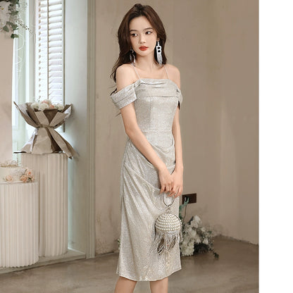 Evening dress women's  new banquet temperament high-end long suspender host dress socialite looking thin autumn