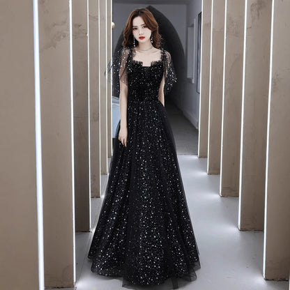 2025 Black adult birthday party evening dress female high-end light luxury niche  advanced sense art test performance host