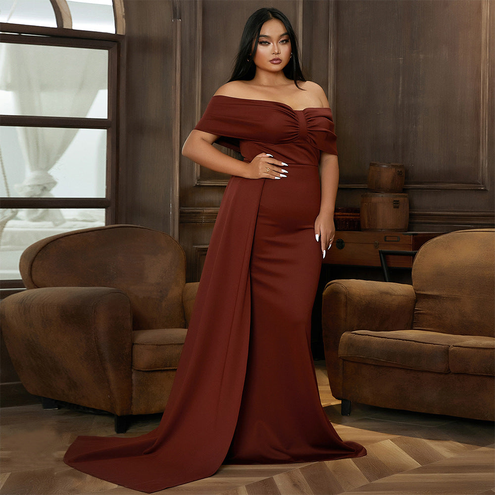 2025 [Not in stock, do not shoot] Women's long one-word collar banquet sexy hip wrap fish tail evening dress dress women