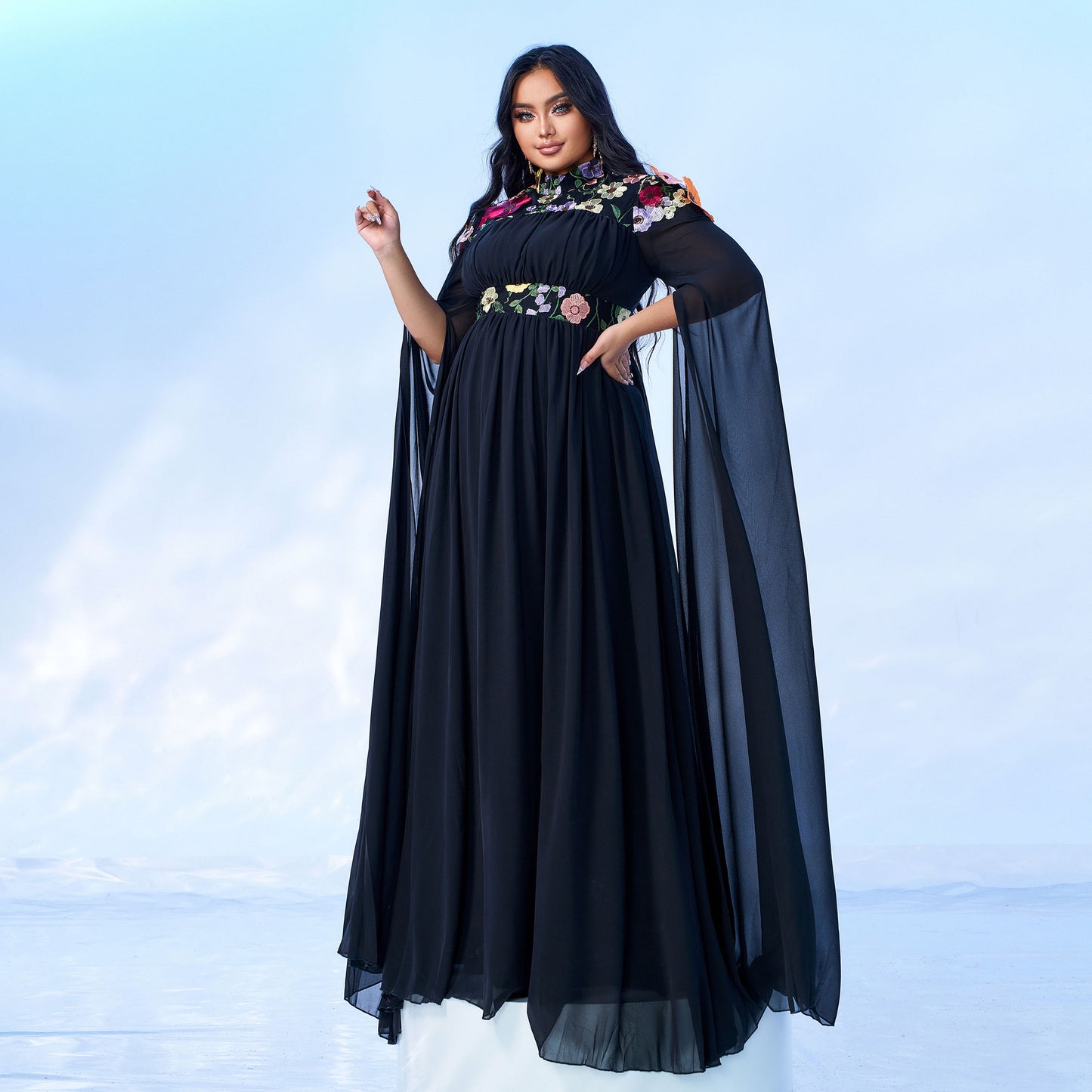 2025 Popular trade Popular,  and the United States fat mm large size women's clothing long-sleeved round neck banquet pendulum applique evening dress dress