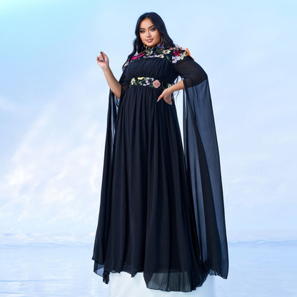 2025 Popular trade Popular,  and the United States fat mm large size women's clothing long-sleeved round neck banquet pendulum applique evening dress dress