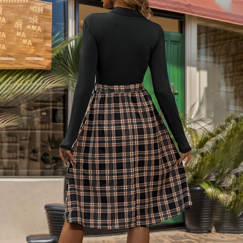 maoxiangshop outfit inspo fall 2024 Autumn and Winter New Stitching Skirt Slim Commuter Elegant Plaid Lace-up Dress