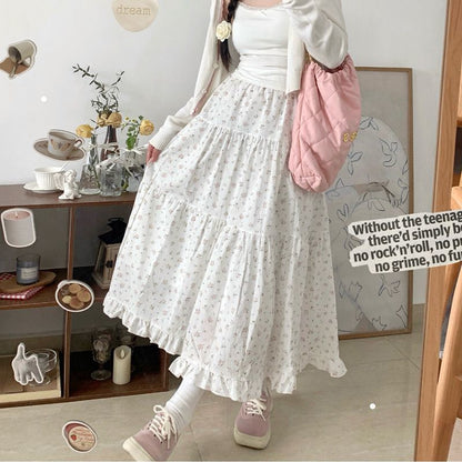 90s fashion Young-Looking Wooden Ear Small Fresh Floral Skirt Women's Japanese Soft Girl Niche Super Sweet Stitching Cake Dress