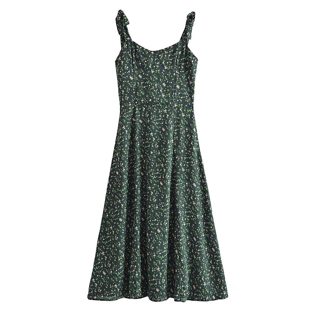 maoxiangshop-shop indie dress to impress Summer French Style Retro Dark Green Small Floral Slim Waist Long Sling Dress