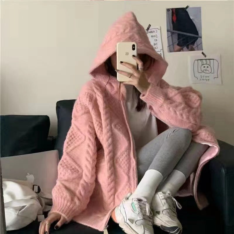 college fall outfits Hooded Horn Buckle Knitted Cardigan Coat Autumn Loose Outer Wear New Design Sense Lazy Style Sweater for Women