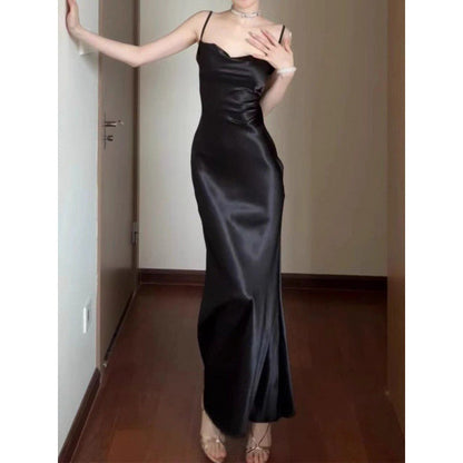 maoxiangshop-shop dresses French Style Elegant Satin Sling Dress Women's 2024 Summer New Design Waist-Tight Sheath Dress