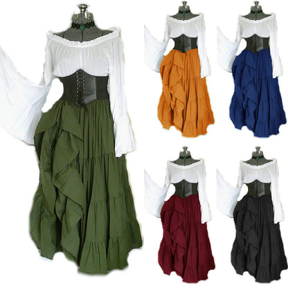 maoxiangshop group halloween costumes Retro Women's off-Shoulder Bell Sleeve Waist Pleated Irregular Large Swing Dress