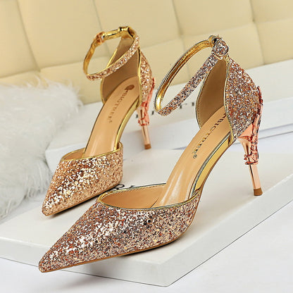 283-A5 2025 sexy hollow women's shoes metal decorative high heel shallow mouth pointed sequins word with hollow sandals