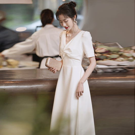 2025 White dress can usually wear  registration certificate small white dress banquet engagement dress women's evening dress dress