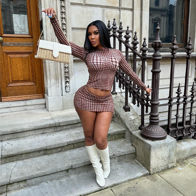 maoxiangshop 90s fashion Autumn Fashion Retro Plaid round Neck Pullover Long Sleeve High Waist Skirt Slim Women's Suit