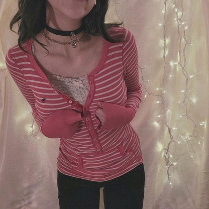 maoxiangshop outfit inspo Autumn and Winter Single-Breasted Knitted Striped Long-Sleeved T-shirt Deep V-neck Hot Girl Tight Sexy Top Female