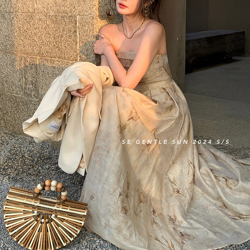 2025 spring and summer new elegant new Chinese high waist tube top dress sleeveless printed dress children 8621