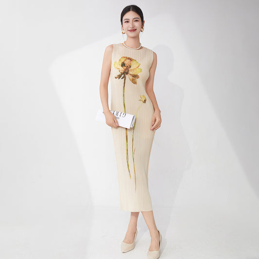 counter quality dress women's summer high-end temperament printing simple and versatile one-step straight medium and long skirt