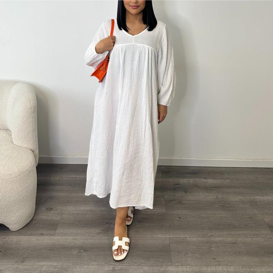 maoxiangshop outfit inspo 24 Summer and Autumn New Women's Dress Solid Color Long Sleeve Loose Casual Women's V-neck Dress