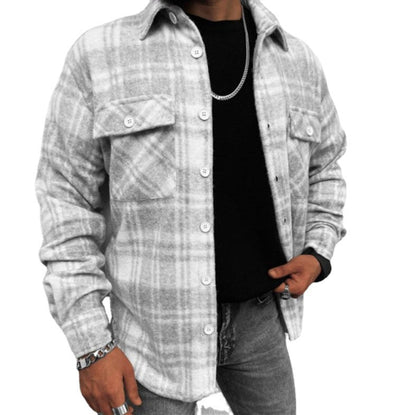 maoxiangshop Mens Sweater New Spring and Autumn New Long-Sleeved Plaid Long-Sleeved Shirt Casual Stand Collar Pocket Shirt for Men