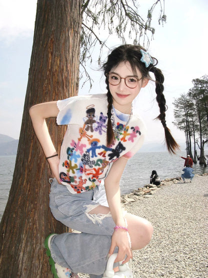 Artist original printing atmosphere thin short sleeves white color graffiti tee summer T-shirt top women