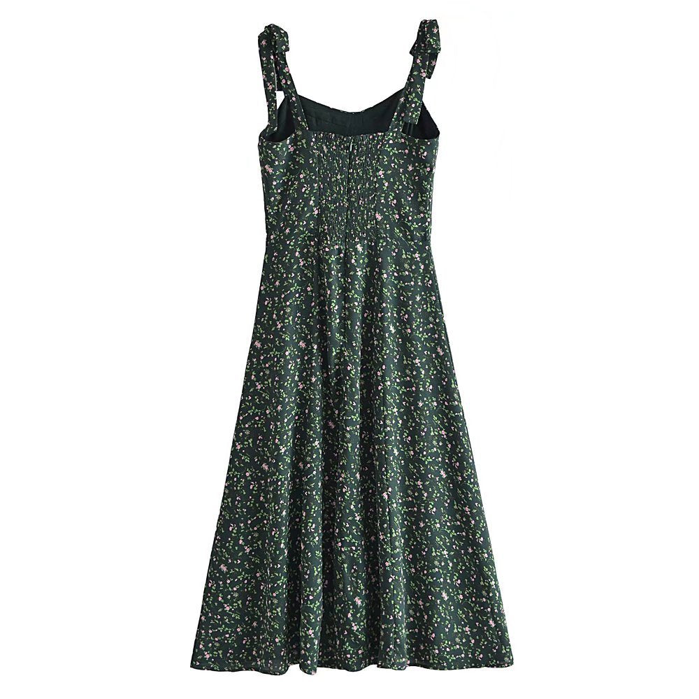 maoxiangshop-shop indie dress to impress Summer French Style Retro Dark Green Small Floral Slim Waist Long Sling Dress