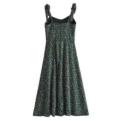 maoxiangshop-shop indie dress to impress Summer French Style Retro Dark Green Small Floral Slim Waist Long Sling Dress