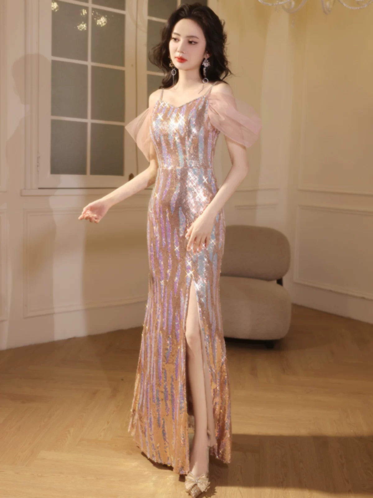 Evening dress high-end atmosphere high-grade women's  new light luxury niche socialite high-end sense shining fishtail skirt autumn