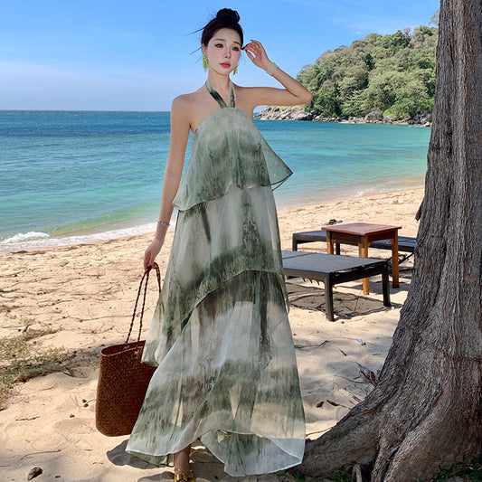 New Chinese Mori style national style, stomach covering fairy skirt temperament hanging neck floral green temperament dress women's summer