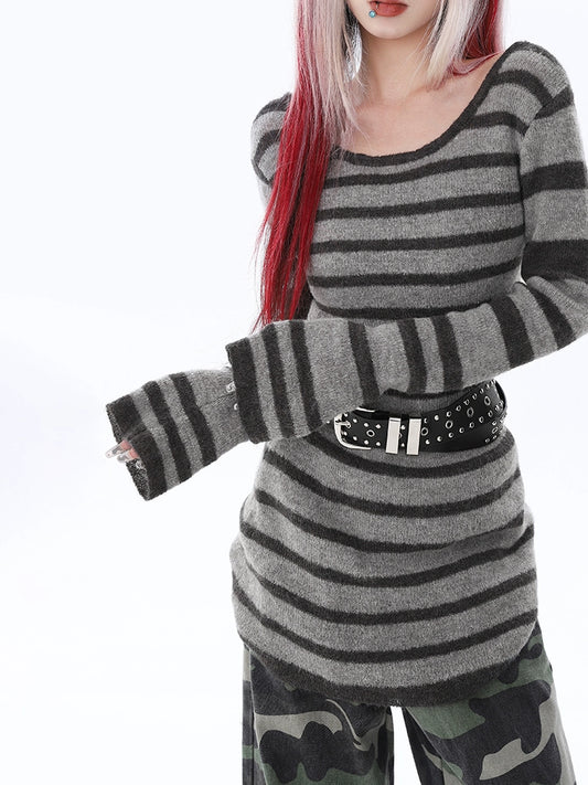 sexy hollow backless striped sweater 2025n wool knitted sweater autumn and winter popular warm long-sleeved women