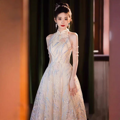 New Chinese high-end sense light luxury engagement evening dress dress women 2025 new high-end toasting clothes bridal temperament long