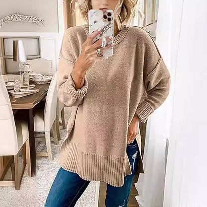 maoxiangshop-shop fall outfits women Sweater Women's Hot Sale 2024 Casual round Neck Side Slit Pullover Sweater Loose Long Sleeve Pullover Top